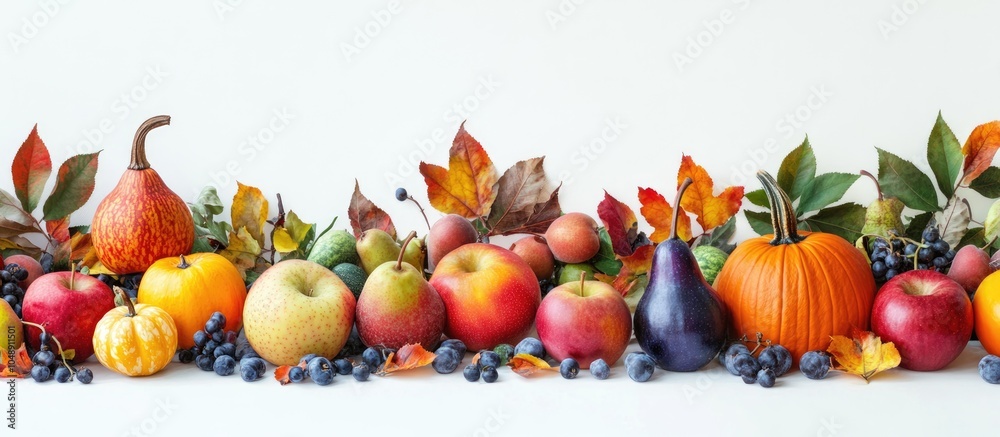 Poster Autumn arrangement of vegetables and fruits including Pumpkin Apples and Pears against a white background Seasonal backdrop for autumn. with copy space image. Place for adding text or design