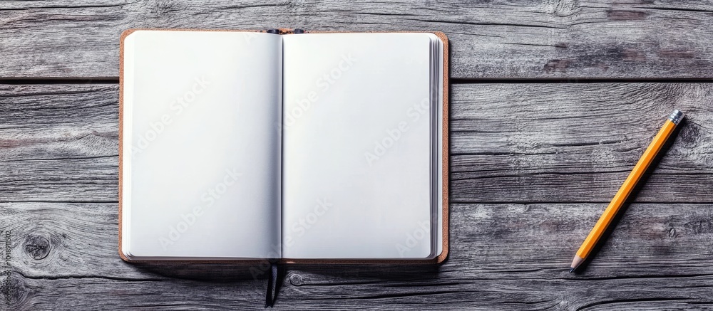 Leinwandbilder Top view of a blank open notebook page and a pencil on a wooden table background in an office. with copy space image. Place for adding text or design