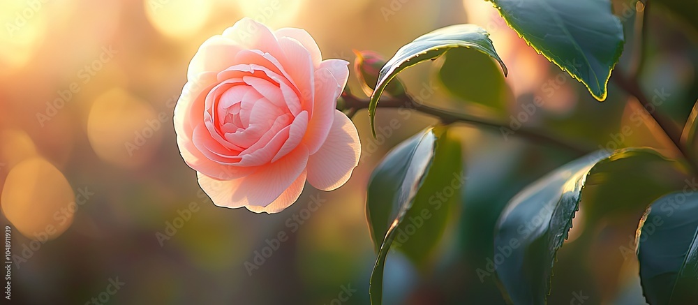 Leinwandbilder an unopened small bud of a soft pink camellia on a bush in the garden horizontal layout space for te