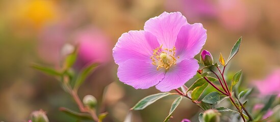 Close up of the pink flower of Cistus symphytifolius also known as Grey leaved Cistus from the Cistaceae family This species is endemic to the Canary Islands Selective focus copy space