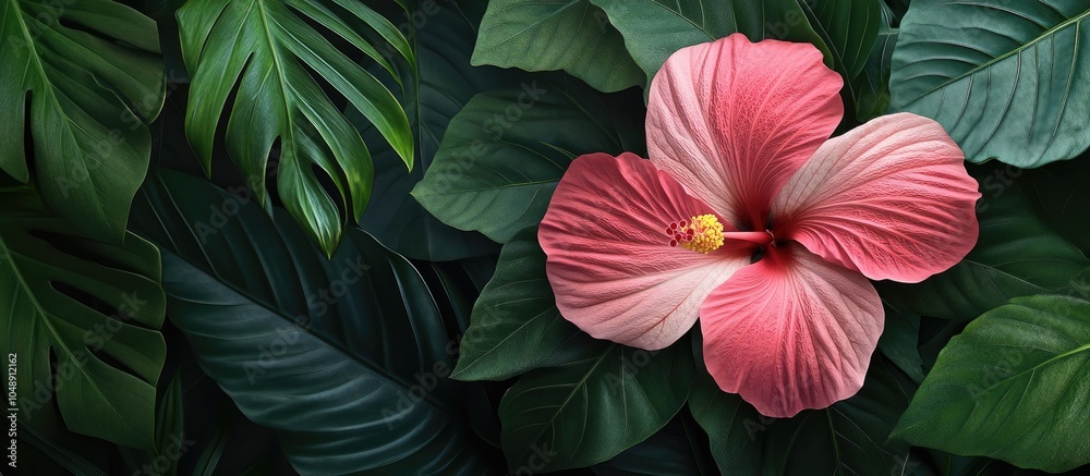 Poster pink hibiscus flower set against a backdrop of green leaves. with copy space image. place for adding
