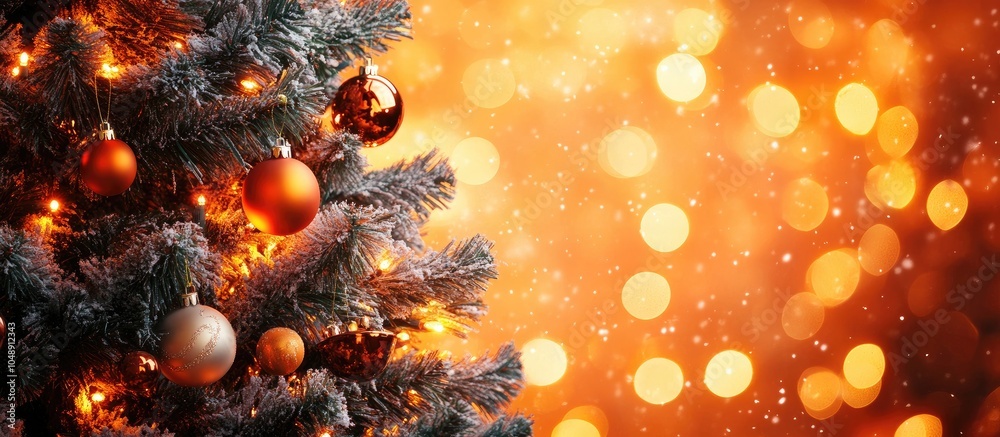 Poster Christmas tree decorated with toys against a backdrop of orange lights. with copy space image. Place for adding text or design