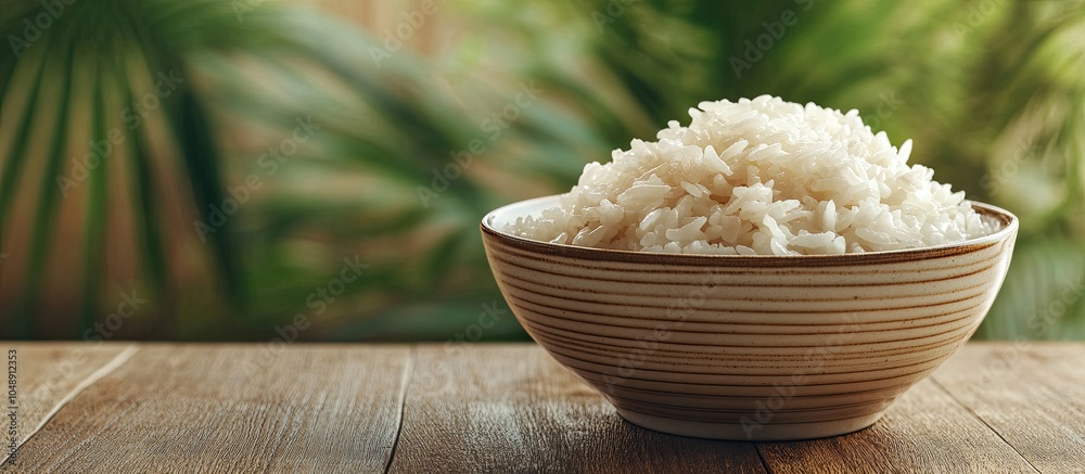 Aufkleber Bowl of boiled rice placed on a wooden table Asian cuisine. with copy space image. Place for adding text or design