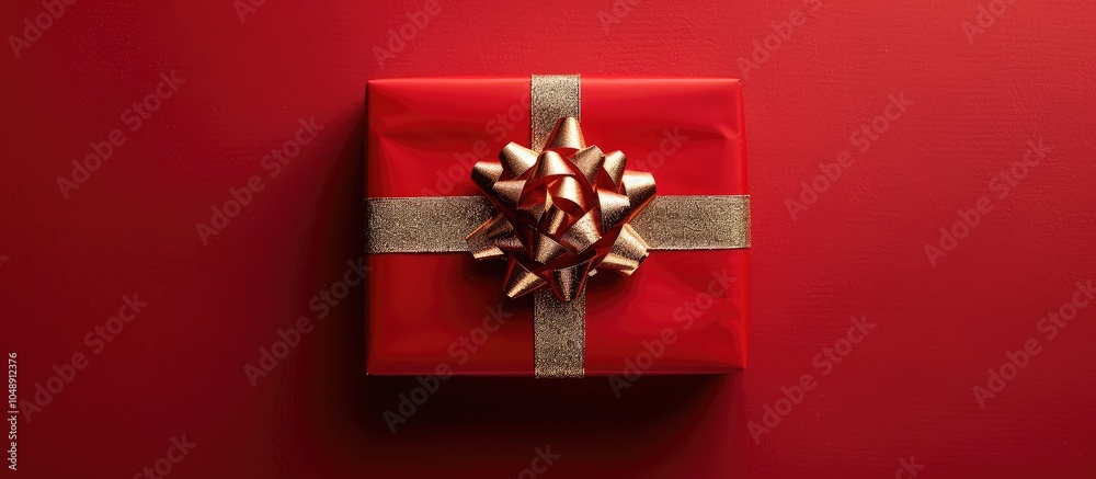 Poster red gift box with a gold bow viewed from above christmas backdrop featuring red paper with a golden 