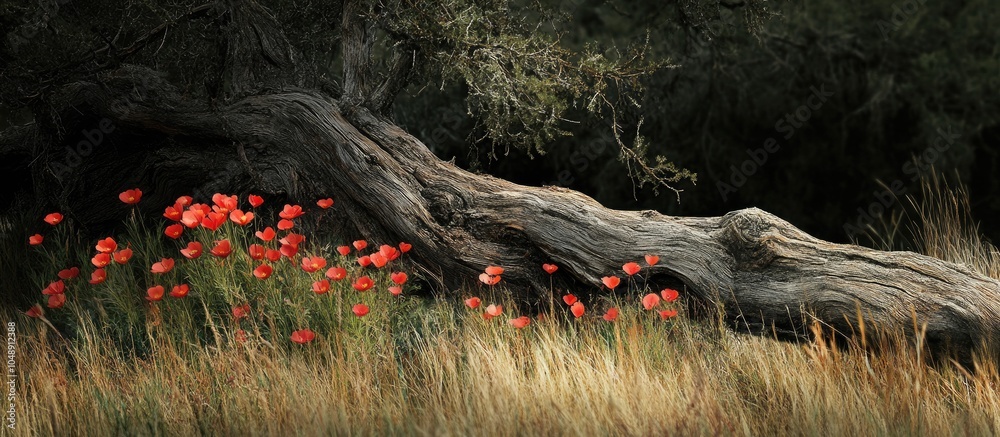 Poster a cluster of red buttercups flourishing next to a fallen dry pine tree in a meadow a photo featuring