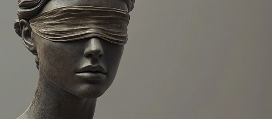 Close up view of the figure of Justitia or Justice wearing a blindfold symbolizing the impartial application of the law set against a grey background with copy space in a conceptual image