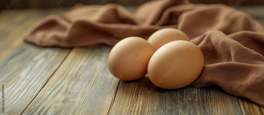 Aufkleber Brown chicken eggs rest on a wooden floor alongside brown fabric in a vintage style. with copy space image. Place for adding text or design