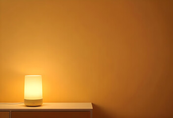 Realistic kitchen interior, orange sofa, gray floor, wooden table, loft style, super details, soft lighting, Night light in cozy interier sale website banner in yellow, orange background color, minima