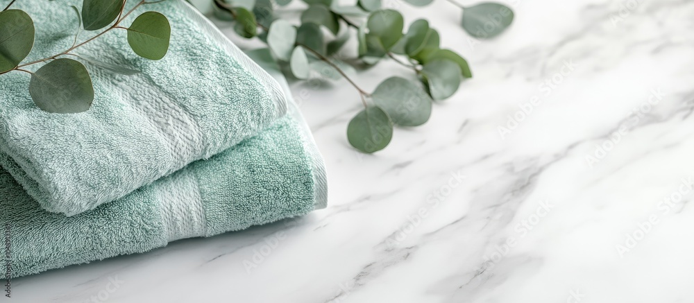 Poster Fresh towels and eucalyptus branches on a marble table with a white background Space for text. with copy space image. Place for adding text or design