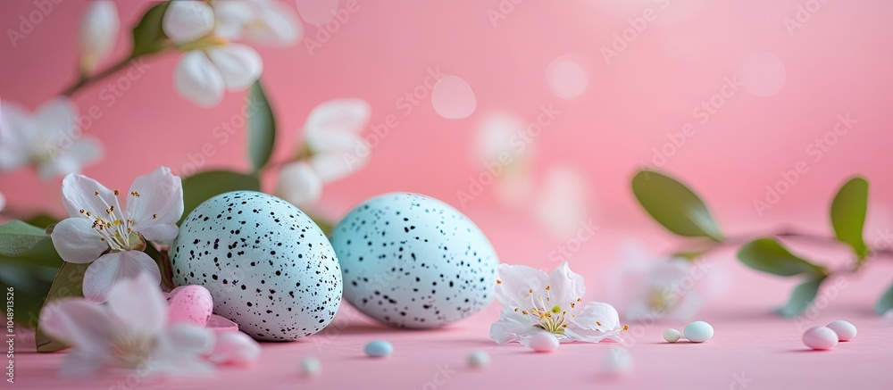 Leinwandbilder easter eggs and spring blooms on a pink backdrop. with copy space image. place for adding text or de