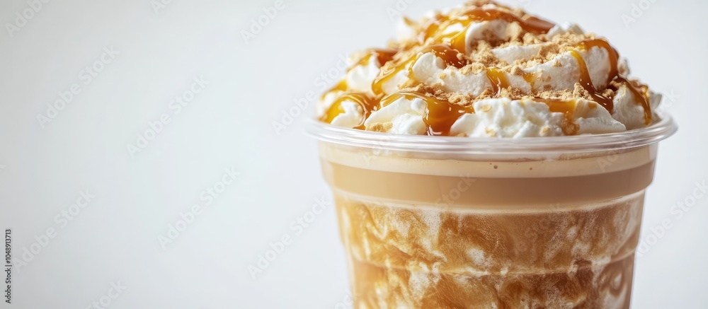 Aufkleber Close up of a plastic cup filled with hot cappuccino coffee topped with caramel foam set against a white background Mock up. with copy space image. Place for adding text or design