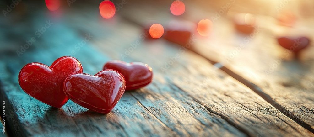 Poster sweet heart shaped candy on wood with a blurred background and valentine s day theme. with copy spac