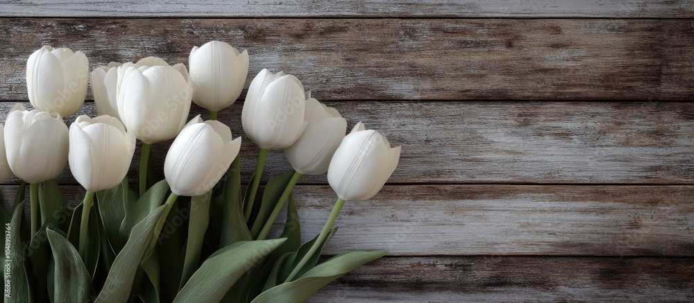 Fototapete lovely white tulips on the weathered board. with copy space image. place for adding text or design