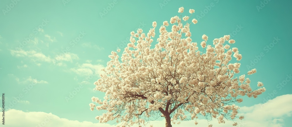 Fototapete spring season image a flowering tree set against a blue sky vintage photo toning. with copy space im