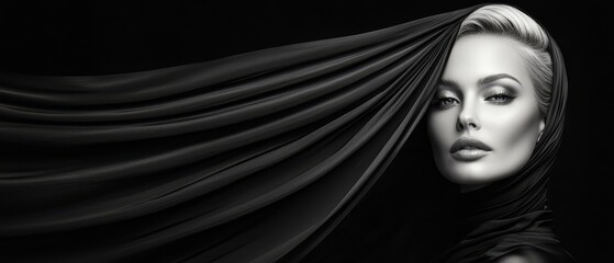 Fototapeta premium A monochrome image of a woman in a veil, her uncovered hair billowing in the wind