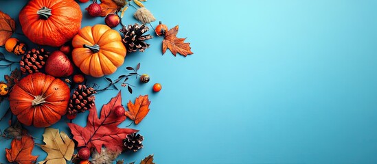 Autumn decorations on a blue backdrop Holiday fall Halloween Thanksgiving Day theme Flat lay top view Halloween party greeting card mockup featuring copy space