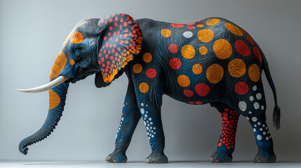 Obraz premium A captivating photoshoot featuring a real elephant adorned with vibrant, colored spots against a clean white background. Generative AI