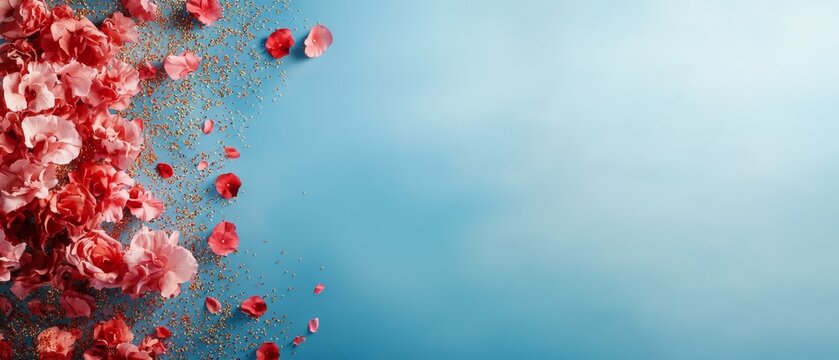  A blue background with red and white flowers arranged asymmetrically, one cluster on the left side and another on the right
