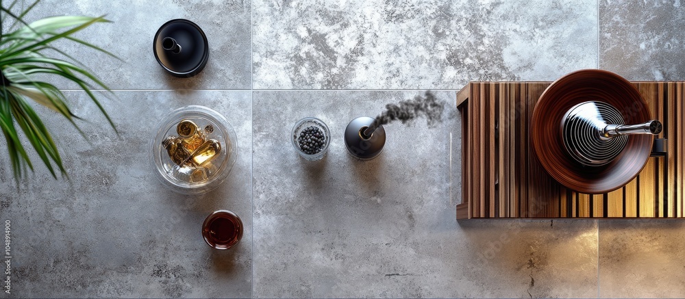 Fototapete Shisha minimalist arrangement from a top view on a clear tile. with copy space image. Place for adding text or design
