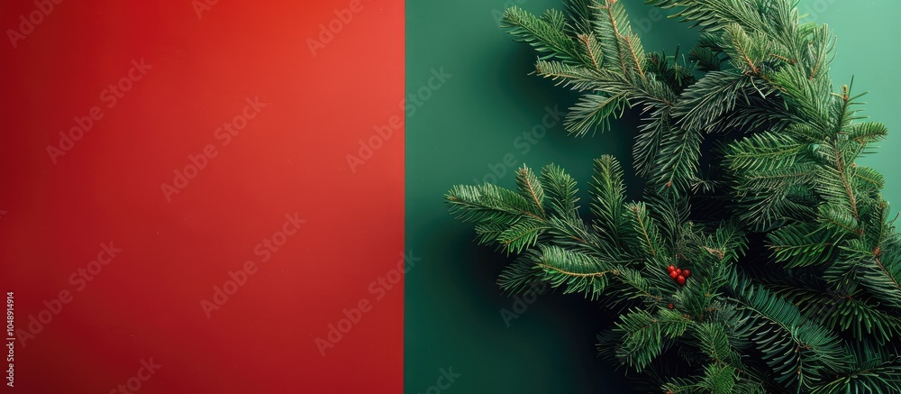 Poster christmas card featuring a christmas tree design on a green and red background with empty space for 
