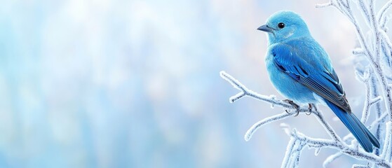  A blue bird perches atop a frost-covered branch against a light blue and white backdrop