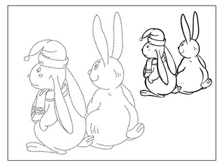 Funny hares, New Year's illustrations, children's educational board games, for coloring