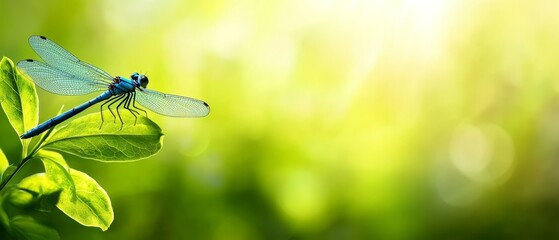  A blue dragonfly perches on a green leaf, against a backdrop of bright sunshine