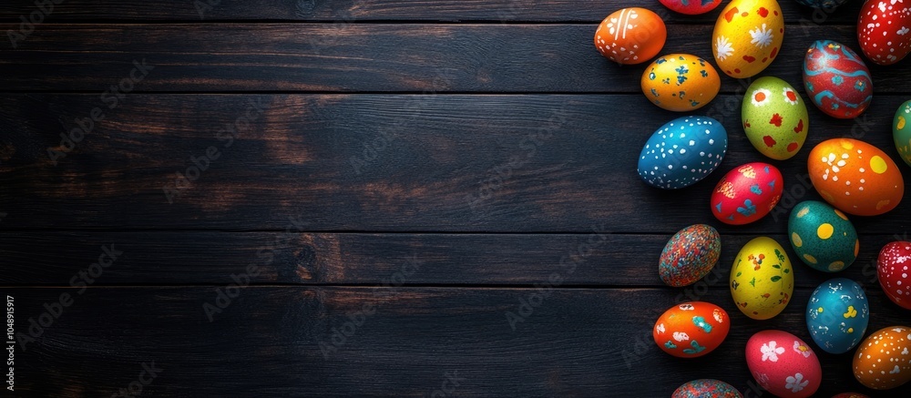Poster easter eggs arranged on a dark wooden background from a top view providing copy space