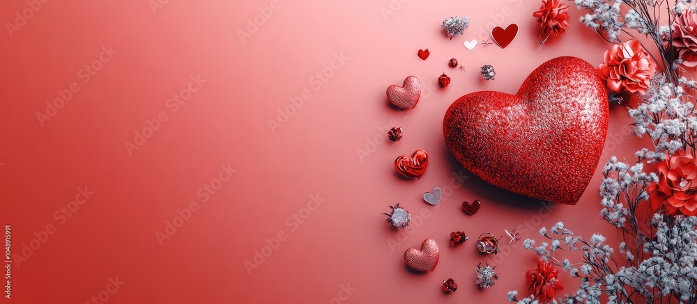 Poster valentine s day concept symbols associated with valentine s day red heart flowers and accessories is