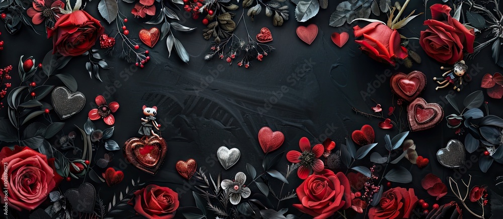 Poster happy valentine s day featuring a black background adorned with roses hearts and small dolls in love