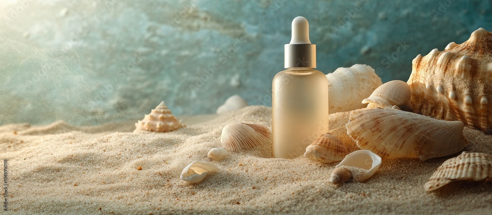 Poster A sandy setting showcases a serum bottle embellished with sea shells Prepared for branding empty labels provide a perfect backdrop for seasonal promotions Natural beauty. with copy space image