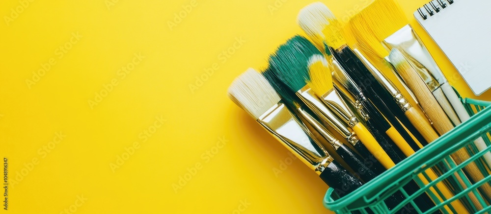 Poster a flat metal shopping basket featuring artistic colors of yellow green and white along with brushes 