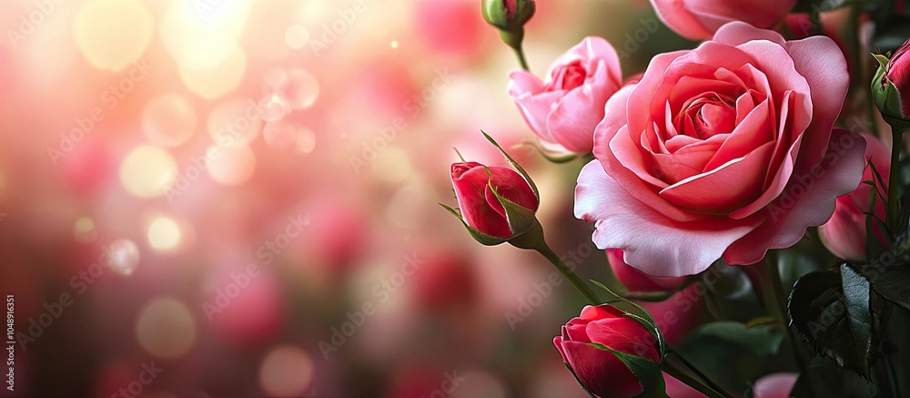 Poster Red and pink roses with a backdrop of flower buds. with copy space image. Place for adding text or design