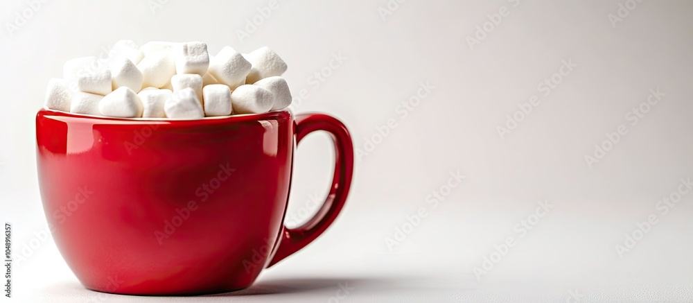 Poster New year theme Close up of a red cup filled with marshmallows against a white background. with copy space image. Place for adding text or design