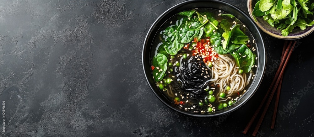 Poster asian rice noodle soup featuring black rice noodles spinach sprouts and coriander. with copy space i