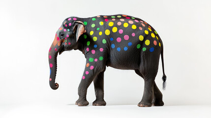 Obraz premium A captivating photoshoot featuring a real elephant adorned with vibrant, colored spots against a clean white background. Generative AI