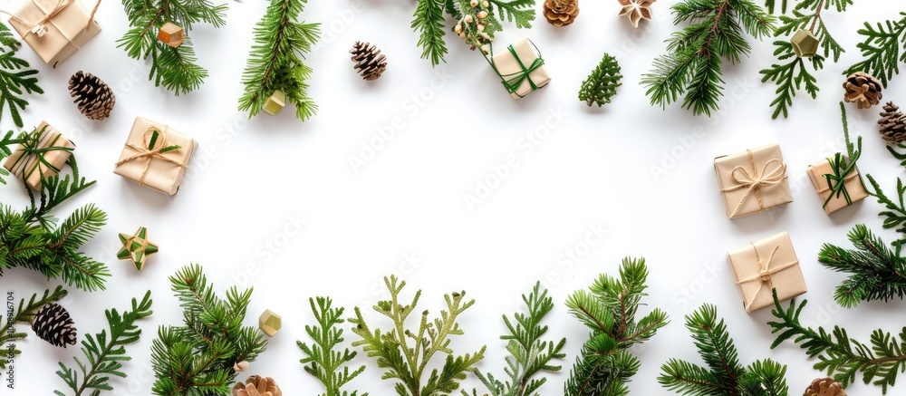 Poster Christmas frame composed of small gifts and conifer isolated on white. with copy space image. Place for adding text or design
