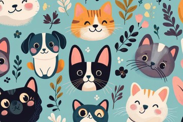 Naklejka premium Playful pattern of various pets like cats and dogs, illustrated in cartoon style with friendly expressions, bright colors, and whimsical touches, adorable and heartwarming 