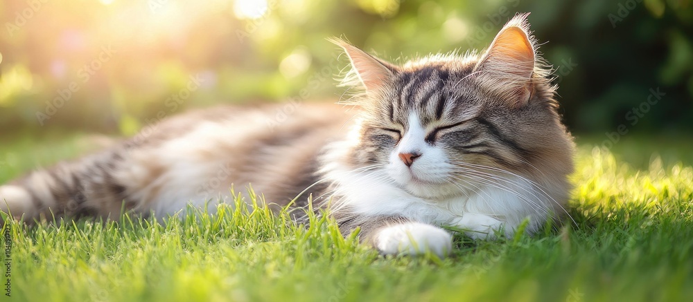 Poster close up portrait of a happy well fed multicolored cat resting on the green grass in a garden the fl