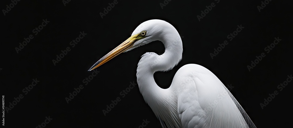 Poster Close up of a white egret set against a black background. with copy space image. Place for adding text or design