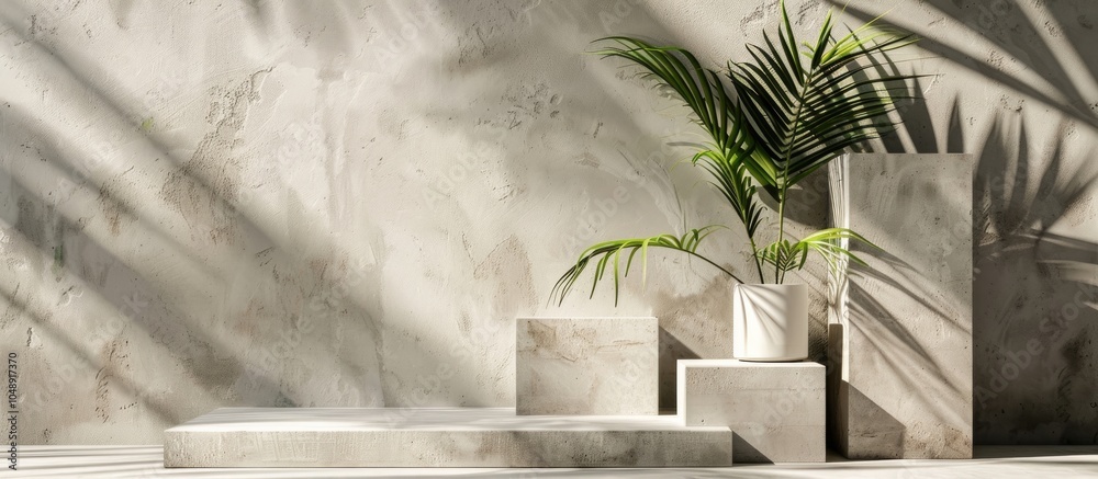 Poster Abstract modern still life Natural elements Arrangement of palm leaves travertine and concrete blocks. with copy space image. Place for adding text or design