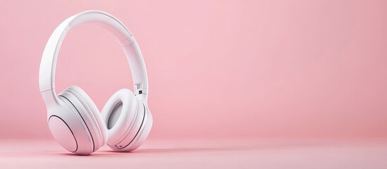 Comparison of wireless white headphones with wired earphones featuring pink copy space