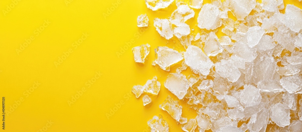 Poster Crushed ice fragments on a yellow background top view Room for text. with copy space image. Place for adding text or design