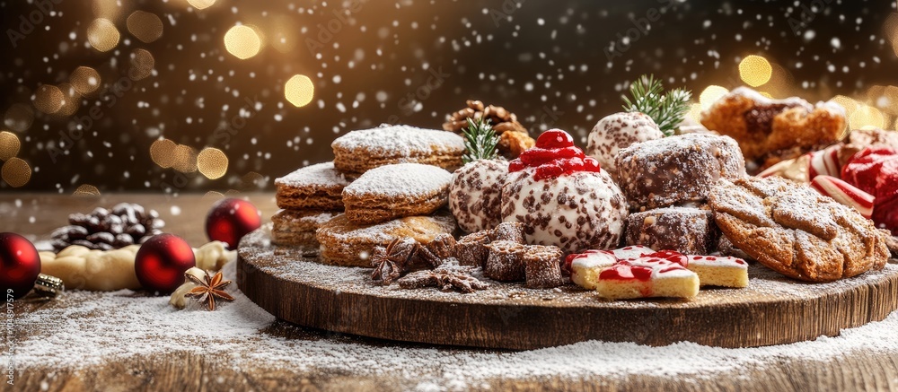 Poster image of traditional christmas treats on a wooden board with snow and white space for text. with cop