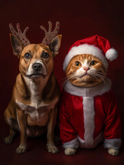 Obraz premium cats and dogs in christmas costumes on black background 