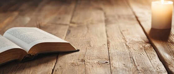  A book open on a wooden table A lit candle beside it