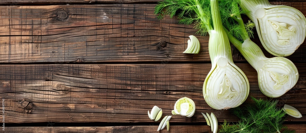 Poster whole and sliced fennel bulbs on a wooden table top view area for text. with copy space image. place