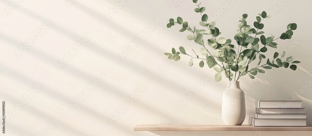 Aufkleber Vase filled with green eucalyptus branches and books on a shelf next to a light wall. with copy space image. Place for adding text or design