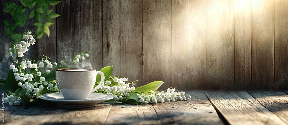 Fototapete coffee espresso cups and lily of the valley against a backdrop of weathered wooden boards in sunligh