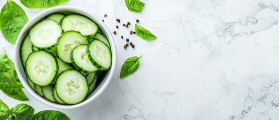  A white bowl holds cucumbers, their green leaves, encircled by pepper flakes on a pristine white marble surface